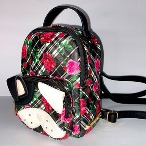 Betsey Johnson Frenchie Dog Backpack w/ Pink & Red Roses Backpack